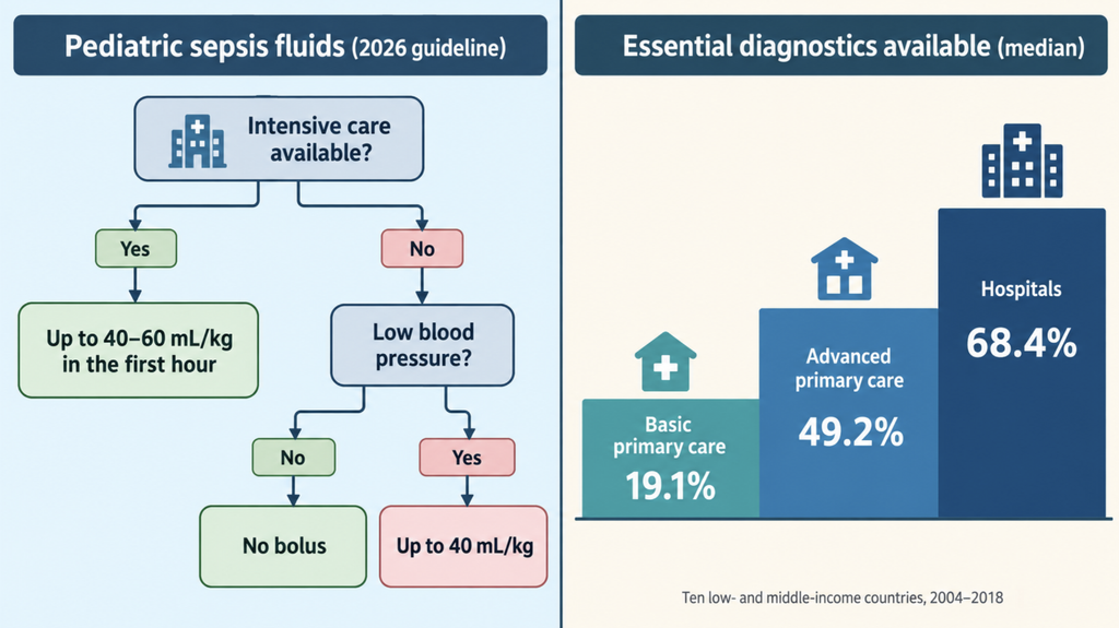 Branching diagram based on the 2026 pediatric sepsis guideline, showing fluid advice splitting by whether intensive care is available, beside a staircase of diagnostic availability rising from about one in five basic primary care clinics to about two in three hospitals.