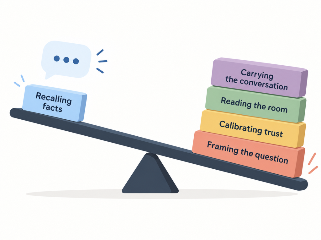Diagram of shifting clinical skills in the age of AI clinical decision support, with recall of facts shrinking in importance while framing the question, calibrating trust in the tool, adapting advice to context, and explaining the plan to the patient grow in importance.