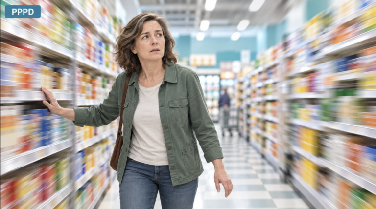 Person steadying themselves in a busy supermarket aisle, illustrating PPPD chronic dizziness triggered by complex visual scenes