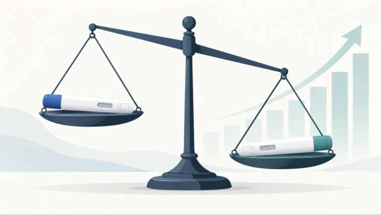 Two unbranded weight-loss injection pens on a tilted balance scale, one side outweighing the other.