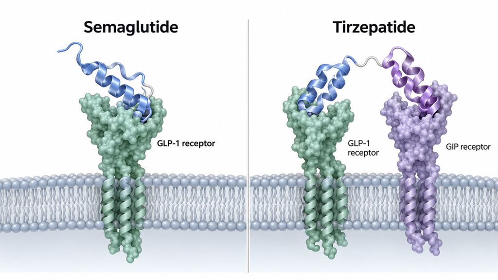 Diagram of semaglutide binding one receptor (GLP-1) and tirzepatide binding two receptors (GLP-1 and GIP).
