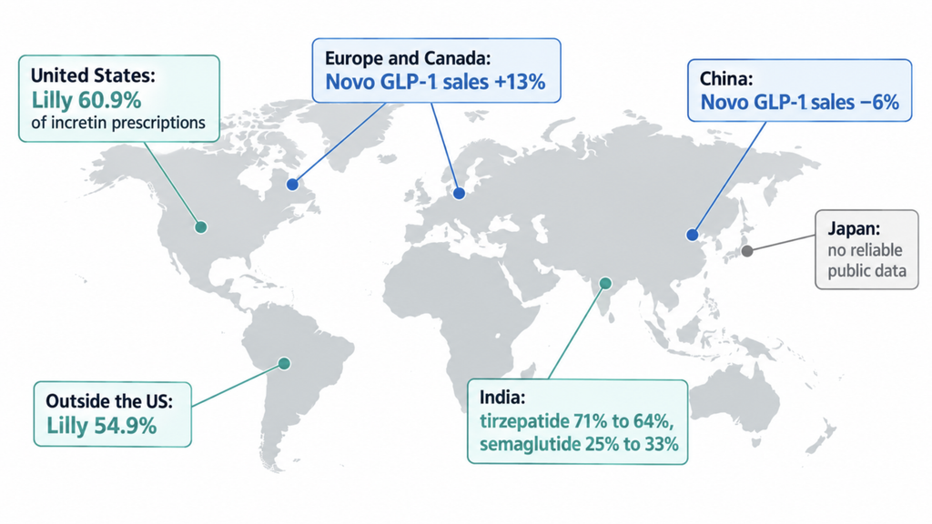 Novo Nordisk vs Eli Lilly: World map with regional signal cards for the US, outside the US, Europe and Canada, India, China and Japan