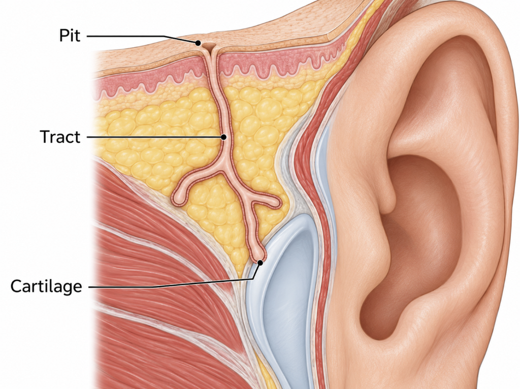 Cross-section of a preauricular sinus showing the pit opening, a branching skin-lined tract, and its contact with ear cartilage
