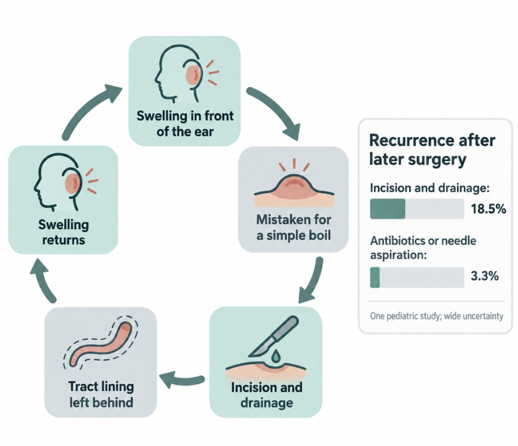 Cycle of a preauricular sinus infection mistaken for a boil, with recurrence of 18.5% after incision and drainage