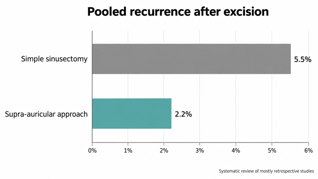 Bar chart of pooled recurrence after preauricular sinus excision: 5.5% with simple sinusectomy versus 2.2% with the supra-auricular approach