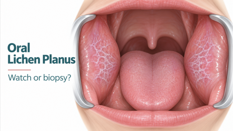 Illustration of oral lichen planus showing lacy white Wickham striae on both inner cheeks