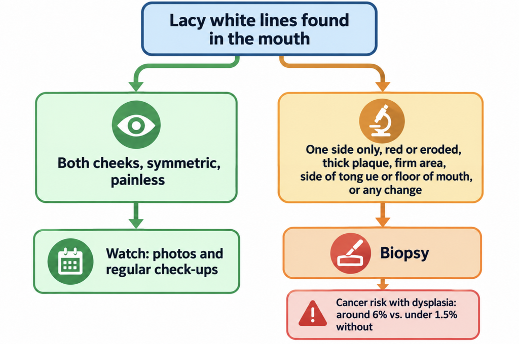 Flowchart showing that a symmetric painless lacy pattern can be watched, while one-sided, red, eroded, thick, firm, or changing lesions should be biopsied