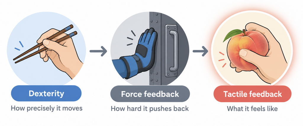 Diagram comparing dexterity, force feedback, and tactile feedback using chopsticks, a gloved hand on a door, and a bare hand on a peach