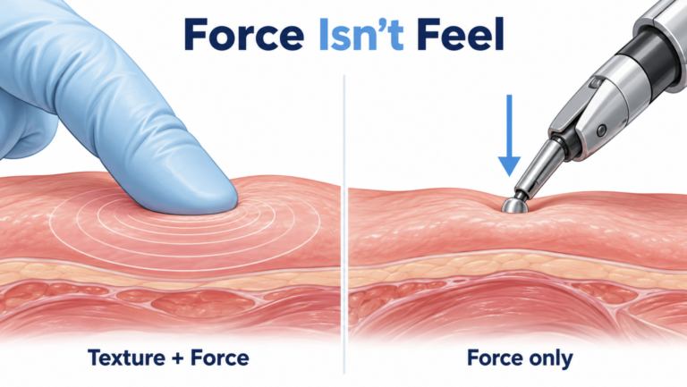 Tactile feedback in robotic surgery: a fingertip senses texture and force while a robotic instrument tip senses force only