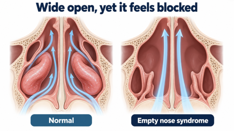 Empty nose syndrome symptoms explained: a normal nasal cavity compared with a widened cavity after turbinate loss, where air passes straight through