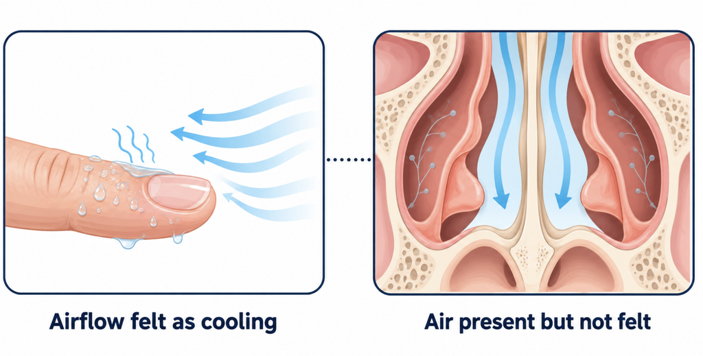 Analogy diagram comparing a wet finger that feels a breeze as cooling with a nose where air bypasses the sensing lining and is not felt