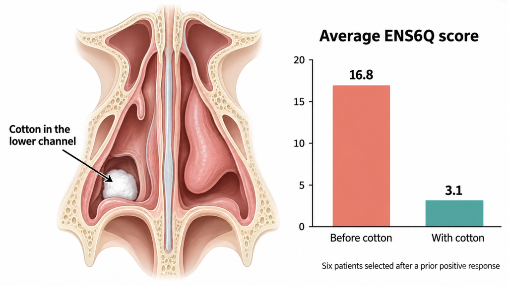 Cotton test for empty nose syndrome: a cotton plug in the lower nasal channel and a chart of average ENS6Q scores falling from 16.8 to 3.1 in six prior responders
