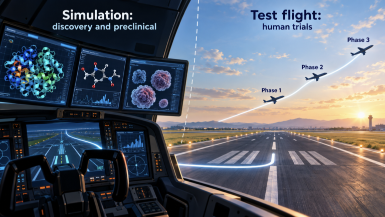 Drug development pipeline drawn as a flight path, with simulation for discovery and preclinical work and real flight for human trials.