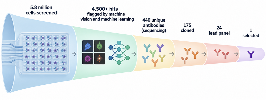 Screening funnel from millions of single immune cells to a handful of antibody candidates, with machine learning at the sorting step.