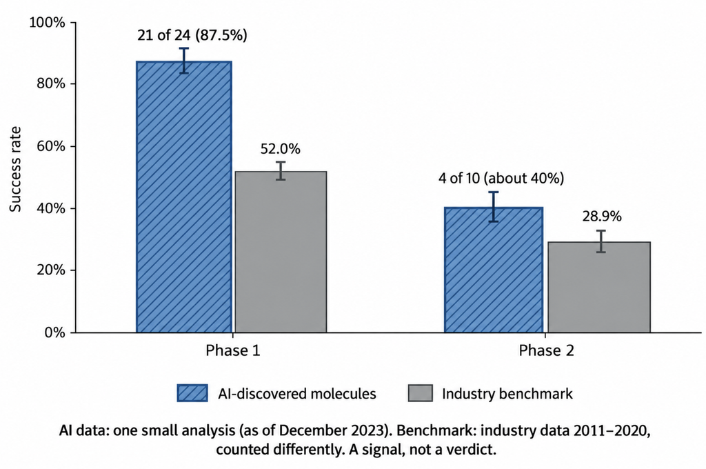 Bar chart comparing phase 1 and phase 2 pass rates for AI-discovered molecules with industry benchmarks, noting small samples.