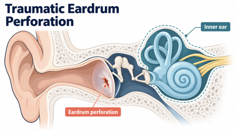 Cross-section illustration of the ear showing a traumatic eardrum perforation in the eardrum and the inner ear behind it