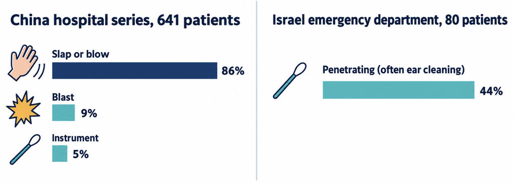 Bar charts comparing causes of eardrum perforation, with slaps and blows at 86% in a Chinese series and penetrating injuries at 44% in an Israeli series