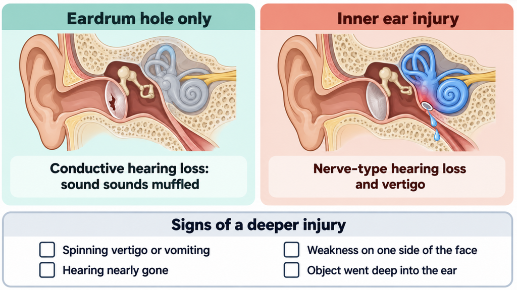Diagram comparing a simple eardrum hole that causes muffled hearing with an inner ear injury that causes nerve-type hearing loss and vertigo, with a warning-sign checklist