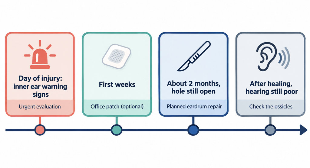 Timeline of treatment decisions after an eardrum injury, from urgent evaluation for inner ear signs to planned repair after about 2 months