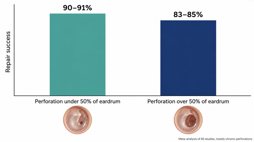 Bar chart showing eardrum repair success of about 90-91% for perforations under half the eardrum and about 83-85% for larger ones