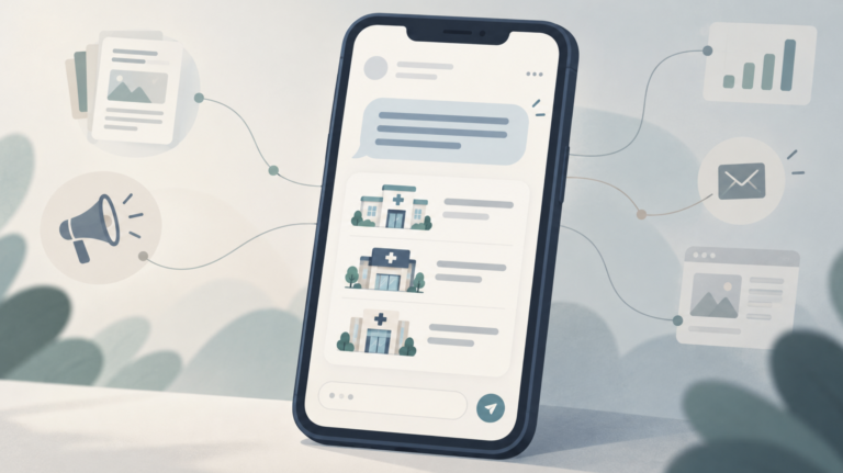 A friendly chat bubble recommending clinics, with faint commercial threads running behind it.