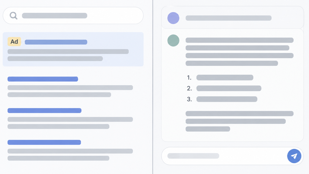 Side-by-side view of a labeled sponsored search result and an unlabeled AI answer recommending clinics.