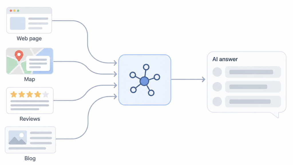 Flow diagram of AI doctor recommendations showing web pages, reviews and directory listings feeding into an AI answer that names clinics.
