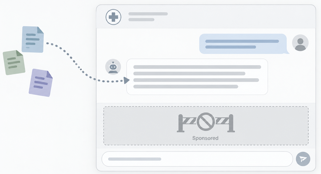 A blocked sponsored-ad slot beside a health chat, with an open, unlabeled path for optimized content into the answer.
