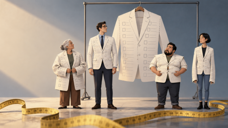 Off-the-rack questionnaire draped over people of different builds, fitting some and hanging loosely on others.