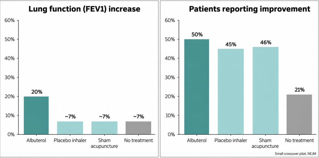 Medical Questionnaires research: Bar chart contrasting lung function gains with felt improvement across four asthma treatments, showing placebo relief without lung change.