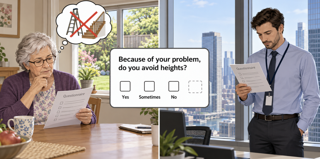 Side-by-side scenes of one questionnaire item read by a ground-floor retiree and an office worker, with different meanings.