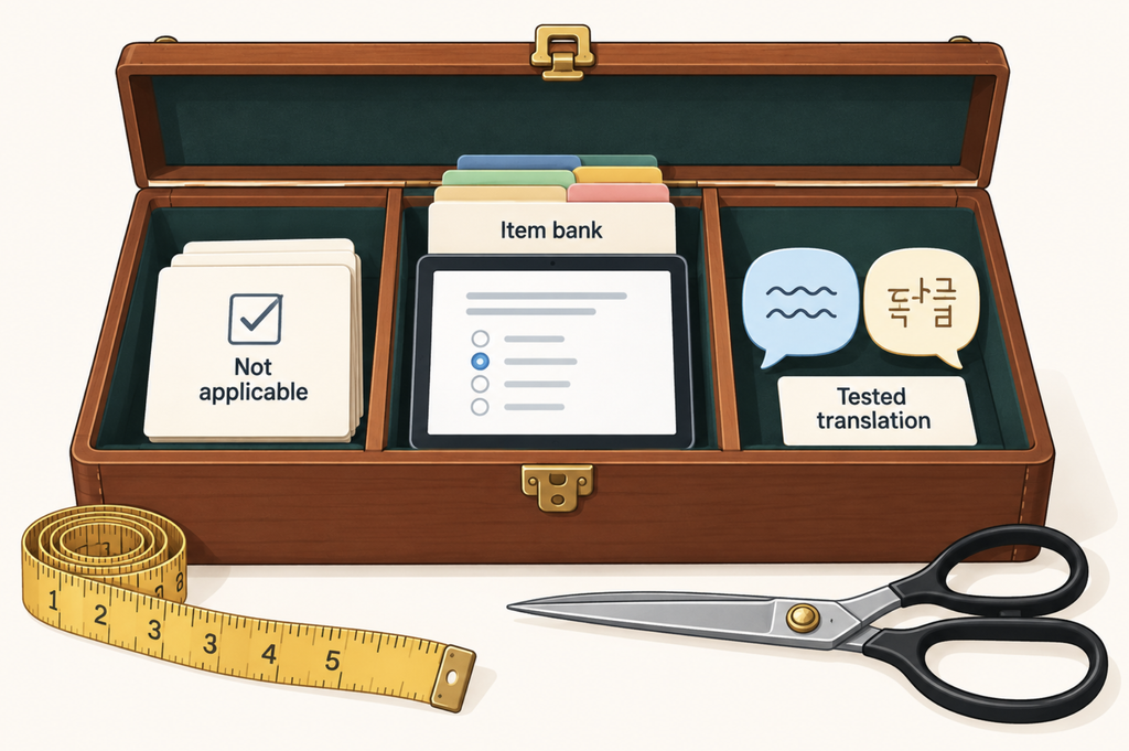 Toolbox illustration of questionnaire fixes: a not-applicable checkbox, an adaptive item bank, and a tested translation.