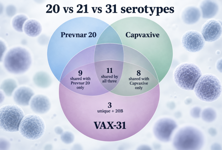 Overlap of serotypes in Prevnar 20, Capvaxive and VAX-31, showing shared and unique serotypes.