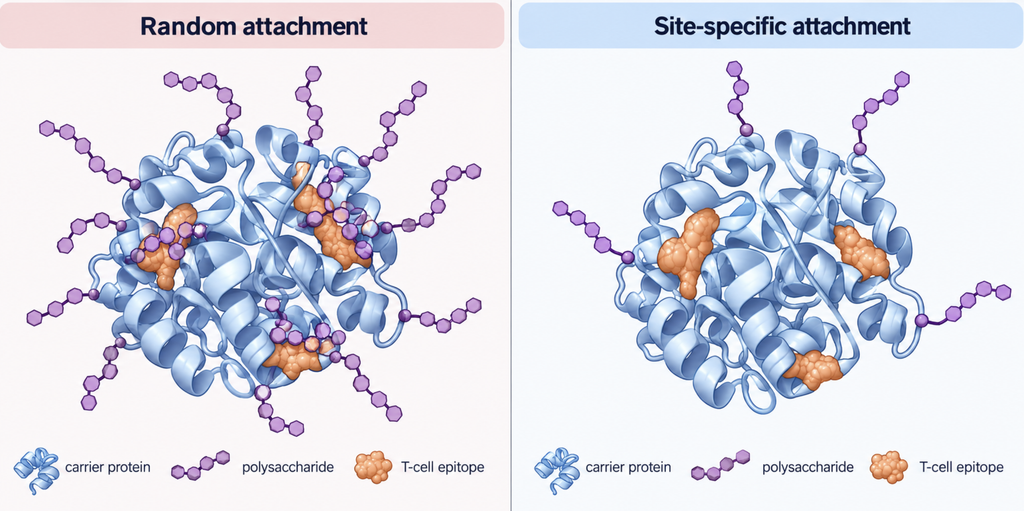 Conjugate vaccine design: random sugar attachment versus site-specific attachment to a carrier protein.