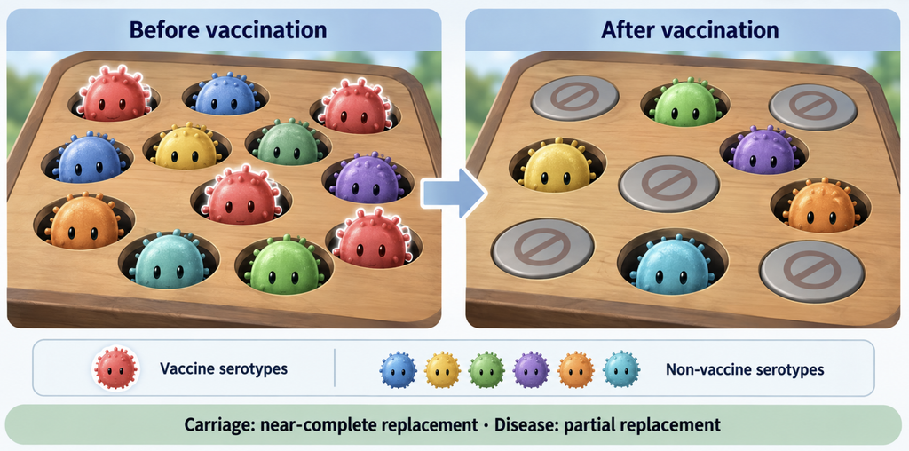 Serotype replacement concept: vaccine serotypes decline while non-vaccine serotypes partly fill the space.