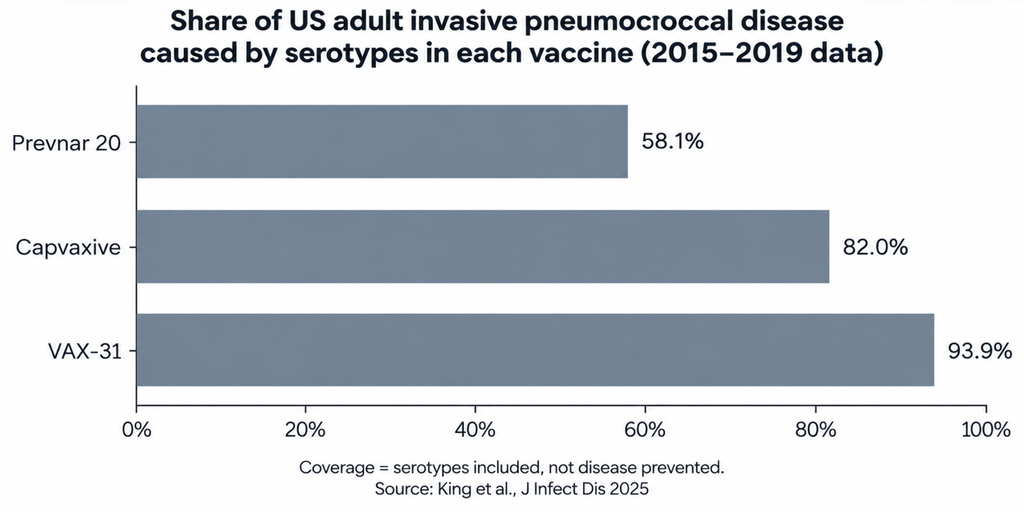 Share of US adult invasive pneumococcal disease caused by serotypes in each vaccine: 58.1%, 82.0%, 93.9%(VAX-31 Pneumococcal Vaccine).