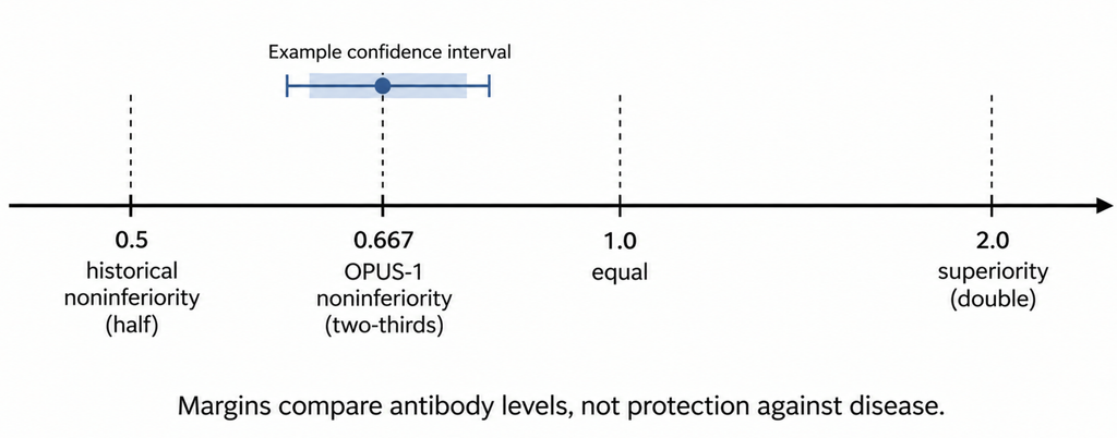 Noninferiority margins at half, two-thirds and double the comparator's antibody level.