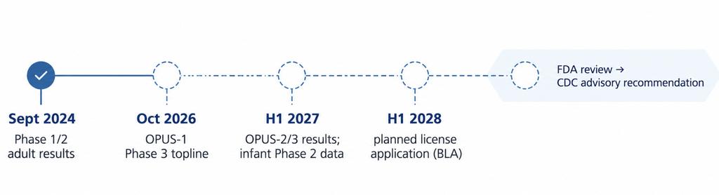 VAX-31 milestones from Phase 1/2 results through planned license application and infant data.