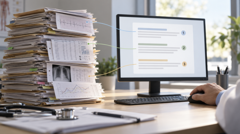 Paper chart stack beside a single cited summary page on a clinic screen.