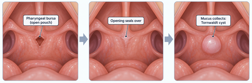 Three-step diagram showing a pharyngeal bursa on the nasopharyngeal wall, its opening sealing over, and mucus collecting to form a Tornwaldt cyst