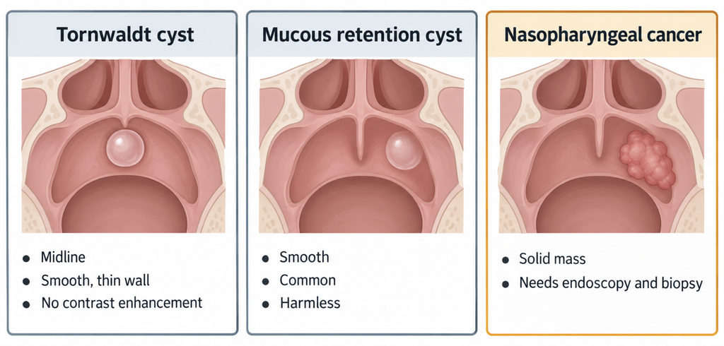 Comparison of a Tornwaldt cyst, a mucous retention cyst, and nasopharyngeal cancer by location, wall, contrast enhancement, and need for biopsy