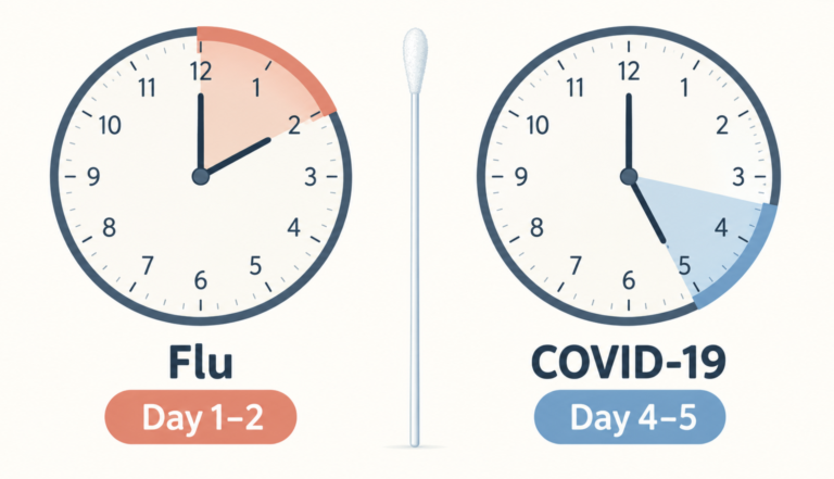 Two clocks comparing the early influenza testing window with the later COVID-19 antigen window, a nasal swab between them.