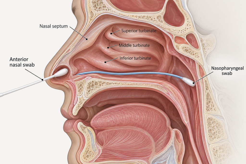 Cross-section of the nose showing where an anterior nasal swab should sample, compared with a nasopharyngeal swab.