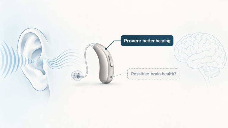 Hearing aid with a bold "proven" label for hearing and a faint "possible" label for brain health.