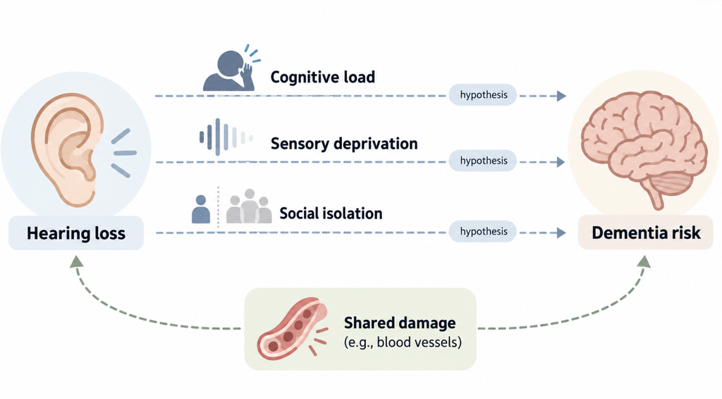 Diagram of four proposed pathways linking hearing loss to dementia, each labeled as a hypothesis. Supposed as the relationship for hearing aids and dementia.