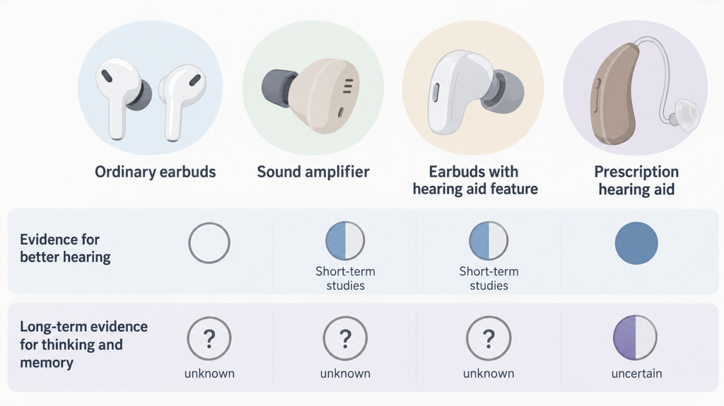 Spectrum from ordinary earbuds to prescription hearing aids, with long-term cognitive evidence marked unknown for earbud-style devices.