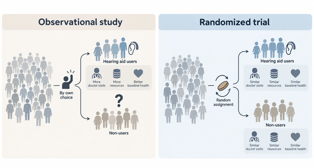 Side-by-side diagram of a self-selected observational comparison and a randomized trial with assigned groups.
