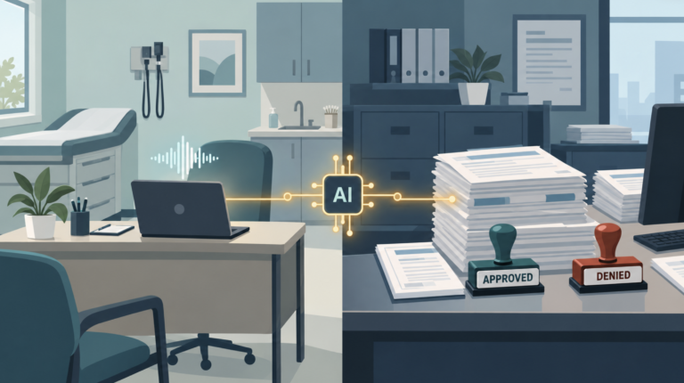 Concept diagram linking a doctor's exam room and an insurer's claims desk through one shared AI engine.