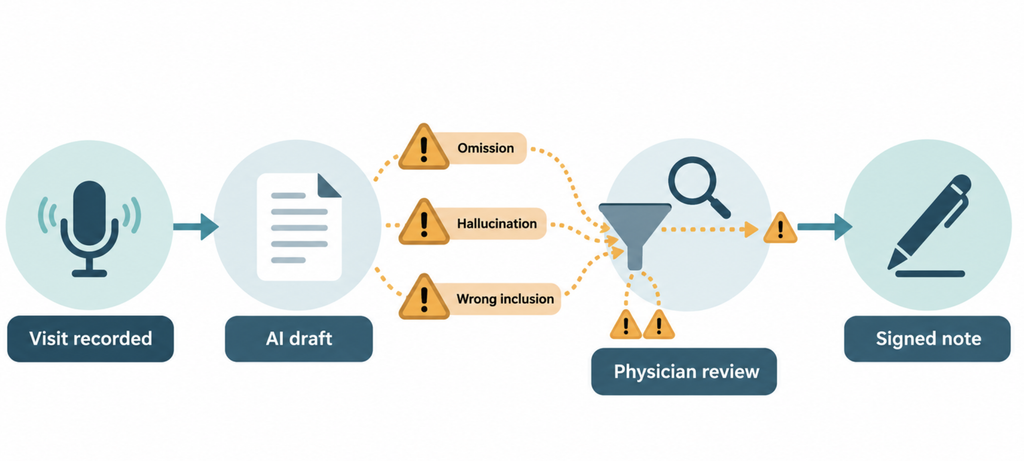 Ambient AI scribe workflow from recorded visit to AI draft, physician review, and signed note, marking where errors enter.