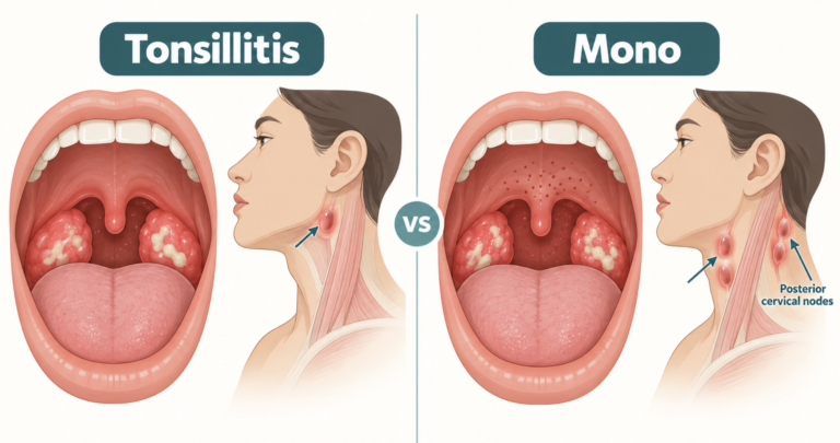 Infectious mononucleosis vs tonsillitis illustration comparing throat findings and neck lymph node locations, with posterior cervical nodes highlighted in mono